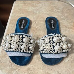Jeffrey Campbell Blue and White Embellished Slide Sandals